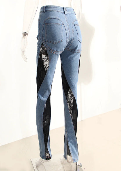 DEAT Mode damjeans Slim Deconstruct Panel Patchwork Hög midja Split Blå Långa jeansbyxor våren 2025 Nyhet 1DF2575