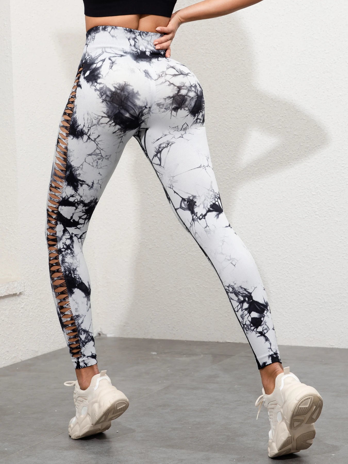 Sömlösa gymleggings för kvinnor med hög midja Tie Dye med Hollow Out-design