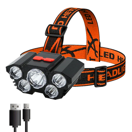 5 LED Ficklampa Uppladdningsbar med inbyggt batteri Starkt ljus Camping Äventyr Fiske Head Light Pannlampa