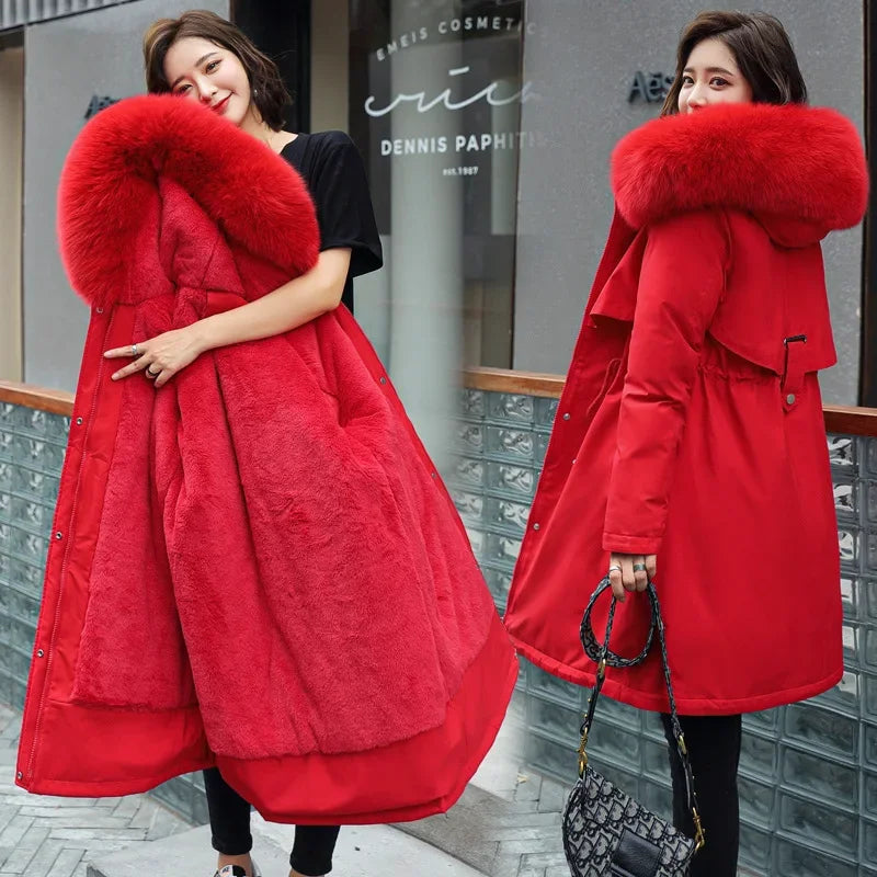 Long Hooded Parka with Wool Liner and Fur Collar Thick and Warm