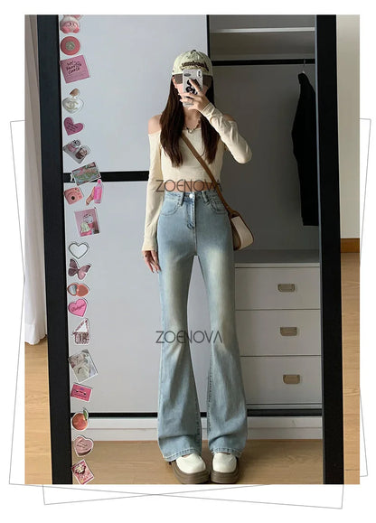 ZOENOVA Harajuku Street Casual Simple Solid Color Women's Jeans 2024 New Fashion Lady High Waist Slim VersatileMicro Flare Pants