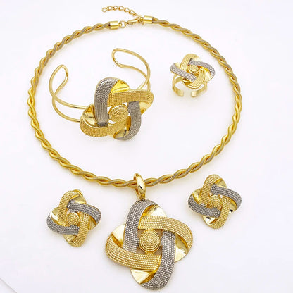 Women Necklace Earrings Bracelet Ring Jewelry Set Two Tone Luxury Design 18K Gold Plated Dubai Party Jewelry Nigeria Trending