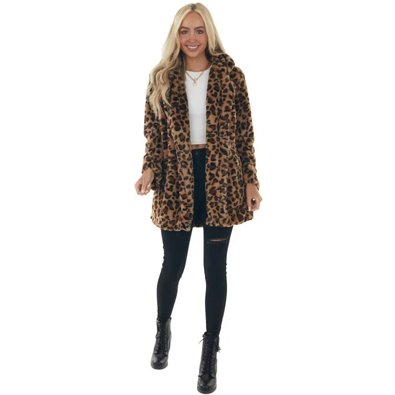 Leopard Print Faux Fur Coat with Pockets Loose and Stylish