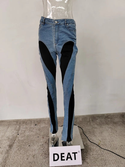 DEAT Fashion Women's Jeans Slim Deconstruct Panelled Patchwork High Waist Split Blue Long Denim Pants Spring 2025 New 1DF2575