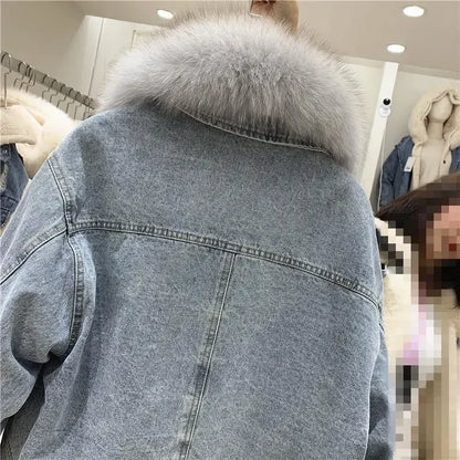 Women's Korean Style Fleece Lined Denim Jacket with Cotton Filling