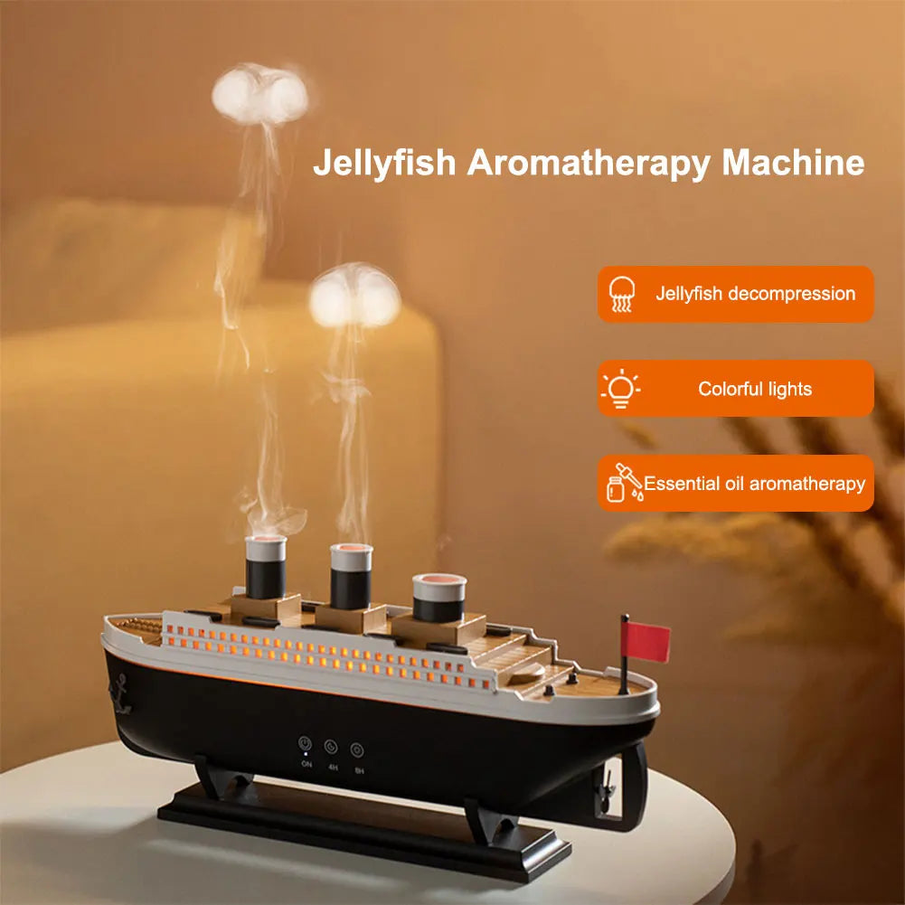 250ml Ocean Liner Air Humidifier with Remote Control – Essential Oil Diffuser, Jellyfish Smoke Ring Spray, Night Light Aroma Diffuser