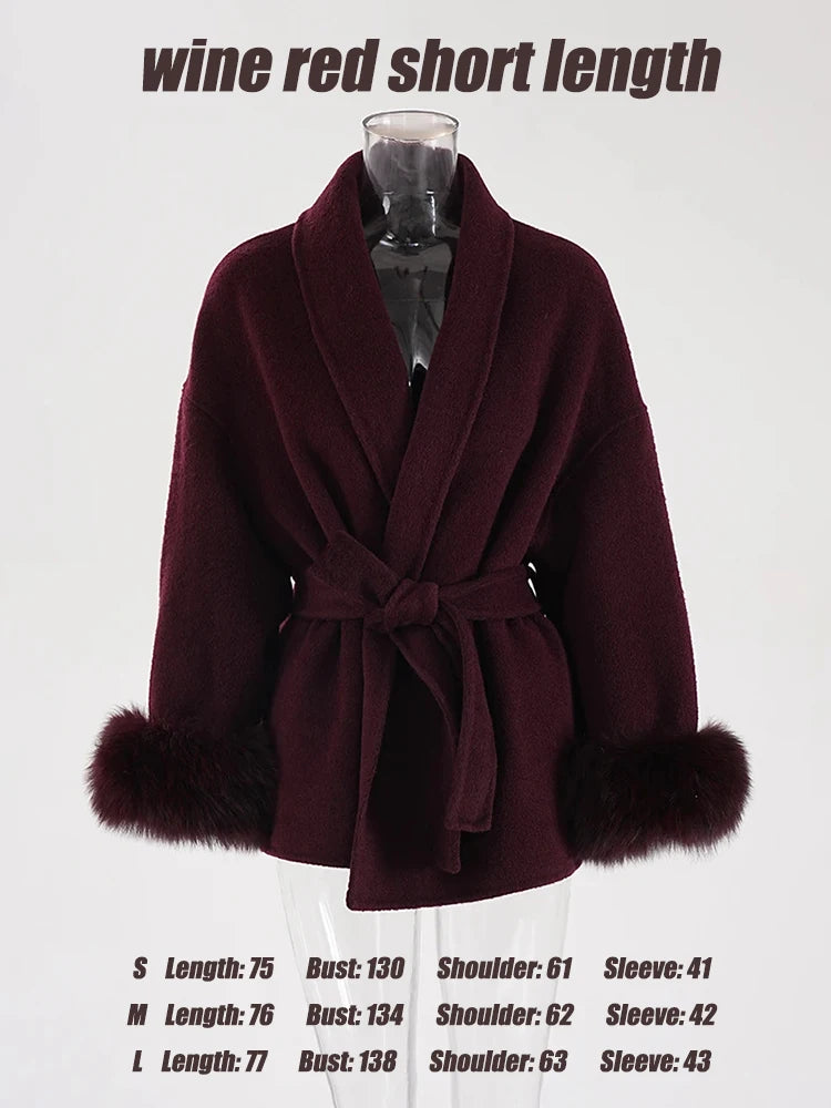 Wine Red Woolen Coat with Fur Cuffs and Belted Design