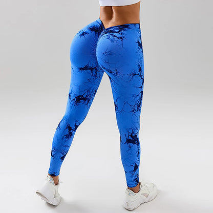 Kvinnors Tie Dye Seamless Leggings med V-rygg och Ruched Design