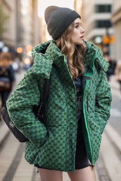 Hooded Green Printed Jacket with Zippers Chic Casual