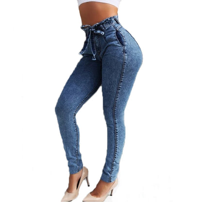 High Waist Skinny Jeans with Tassel Belt and Stretch Slim Fit