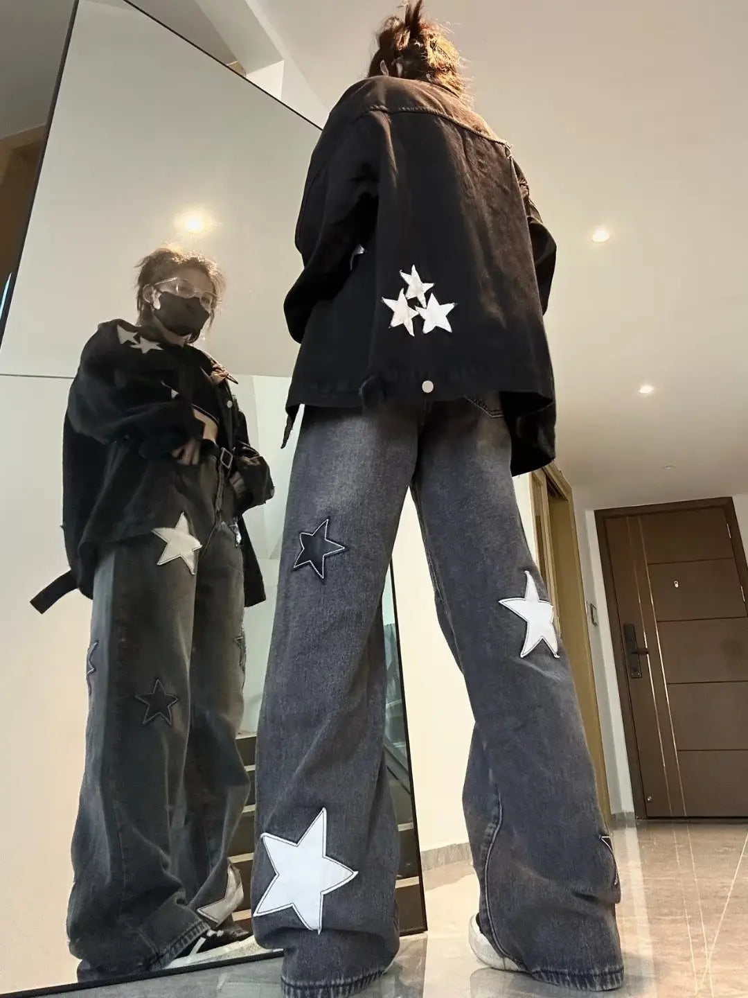 Star Print High Waist Jeans American Retro High Street Straight-leg Pants Patchwork Long Trousers Y2k Fashion Streetwear Baggy