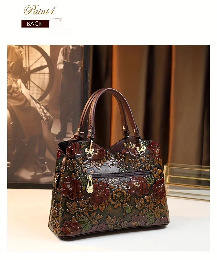 Vintage Flower Pattern Handbag, Luxury PU Leather Tote Bag, Fashion Crossbody Bag For Women