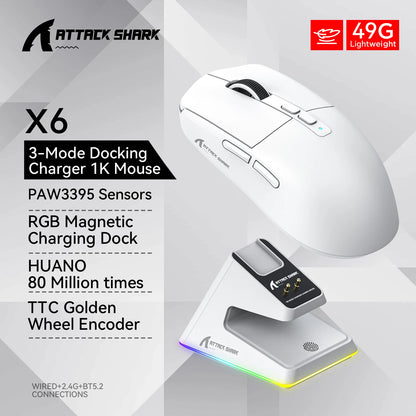 Shark X6 PAW3395 Bluetooth Mouse,Tri-Mode Connection,RGB Touch Magnetic Charging Base