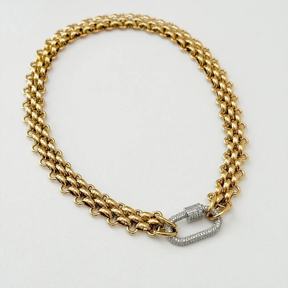 18K Gold Plated Stainless Steel Necklace for Women, Waterproof Three Layer Braided Chain, Zircon Clasp, Fashion Jewelry