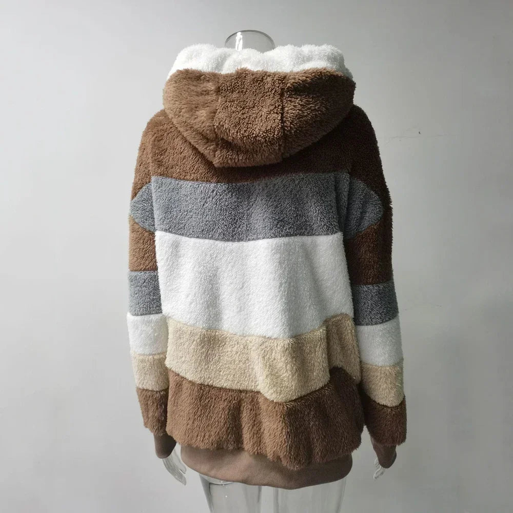 Hooded Zipper Coat with Cashmere and Plaid Stitching Stylish and Warm