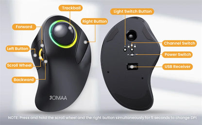 JOA RGB Backlit Wireless Trackball Mouse Wireless 2.4G Rechargeable Ergonomic Rollerball Gaming Mouse for Laptop Mac iPad Game