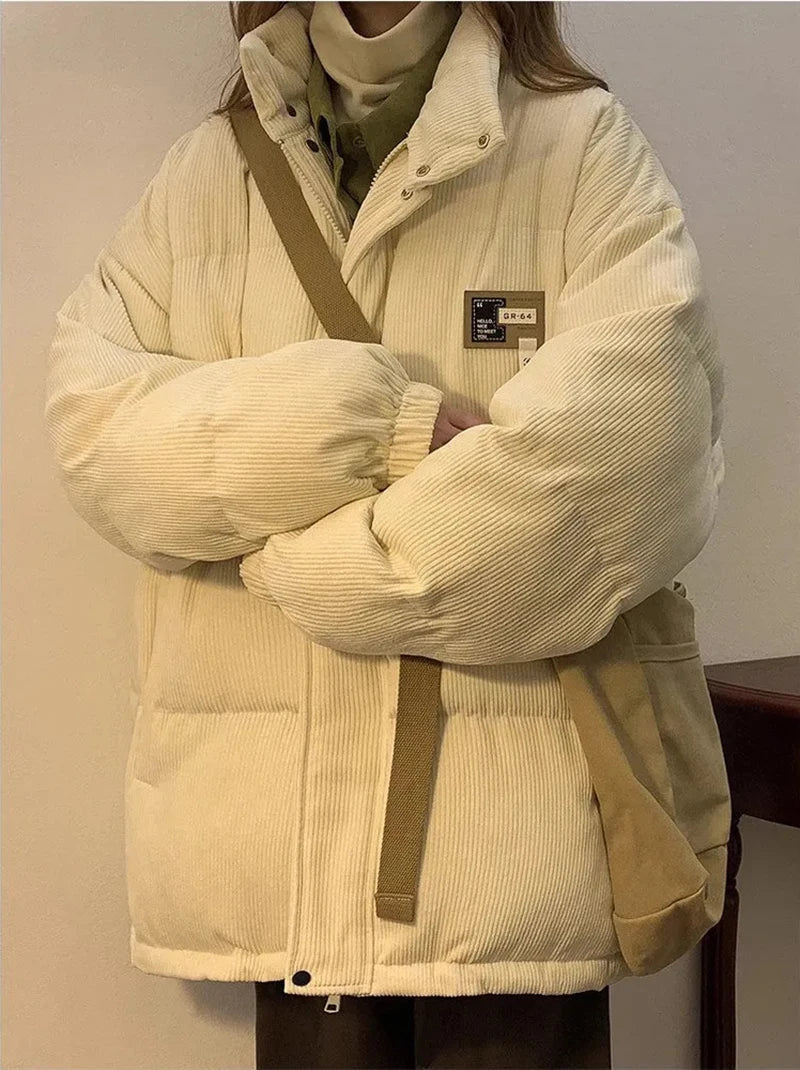 Överdimensionerad Corduroy Puffer Coat med fickor Varm och Retro Y2K Style