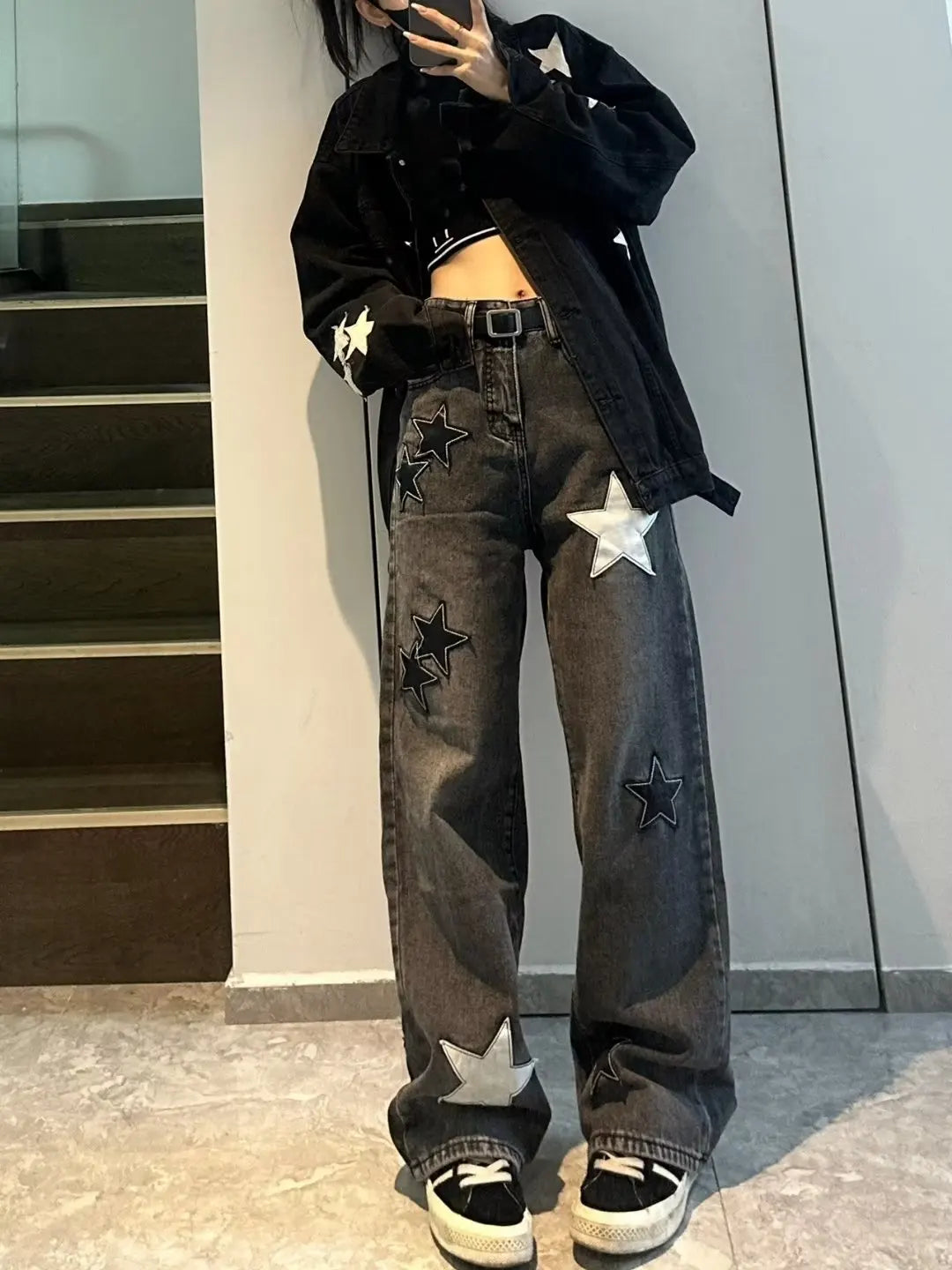 Star Print High Waist Jeans American Retro High Street Straight-leg Pants Patchwork Long Trousers Y2k Fashion Streetwear Baggy