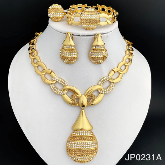 Dubai Gold Color Jewelry Sets Italy 18K Gold Plated Necklace Earrings Ring Bracelet Classic Design 4Pcs Set Party Jewelry