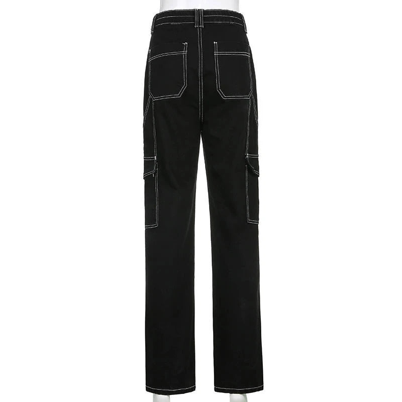 Baggy Black Wide Leg Jeans with Patchwork Pockets and Streetwear Style