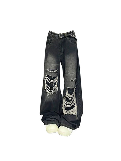 Svarta Baggy Ripped Jeans Gothic Y2K Estetisk Vintage Style