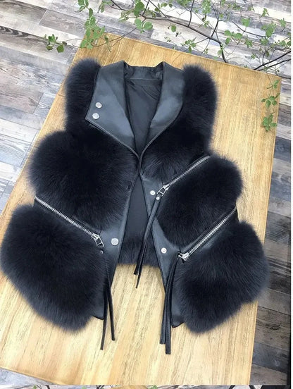 Slim Fit Spliced Short Fur Vest Fashionable and Warm