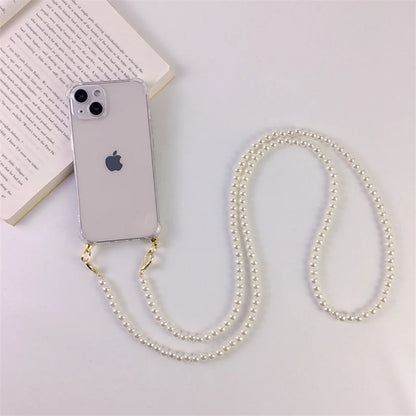 Luxury Korean Crossbody Pearl Chain Phone Case with Transparent Cover and Strap for iPhone