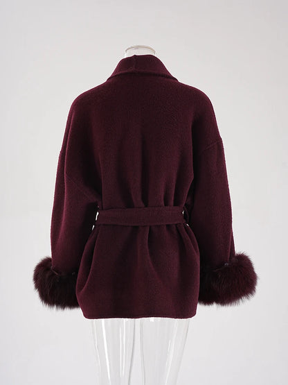 Wine Red Woolen Coat with Fur Cuffs and Belted Design