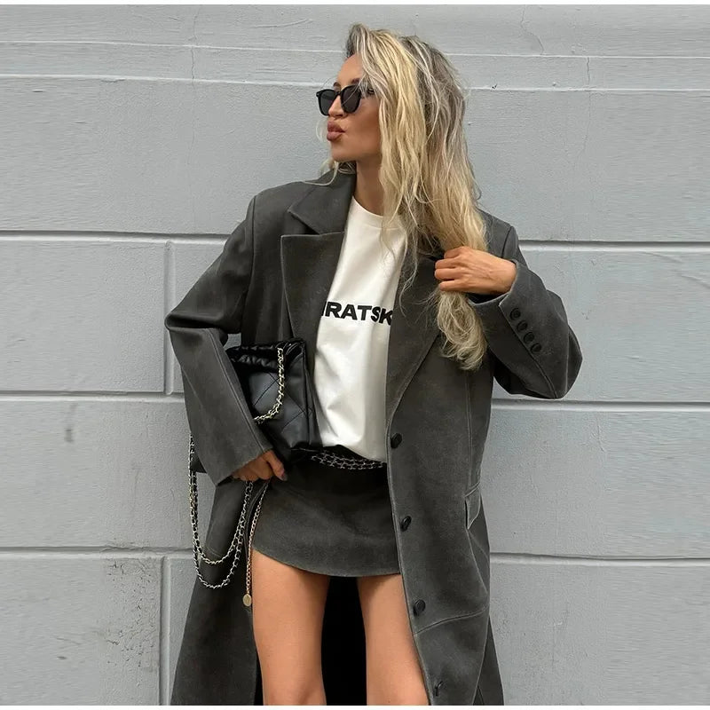 Women's Grey Leather Long Coat with Turndown Collar