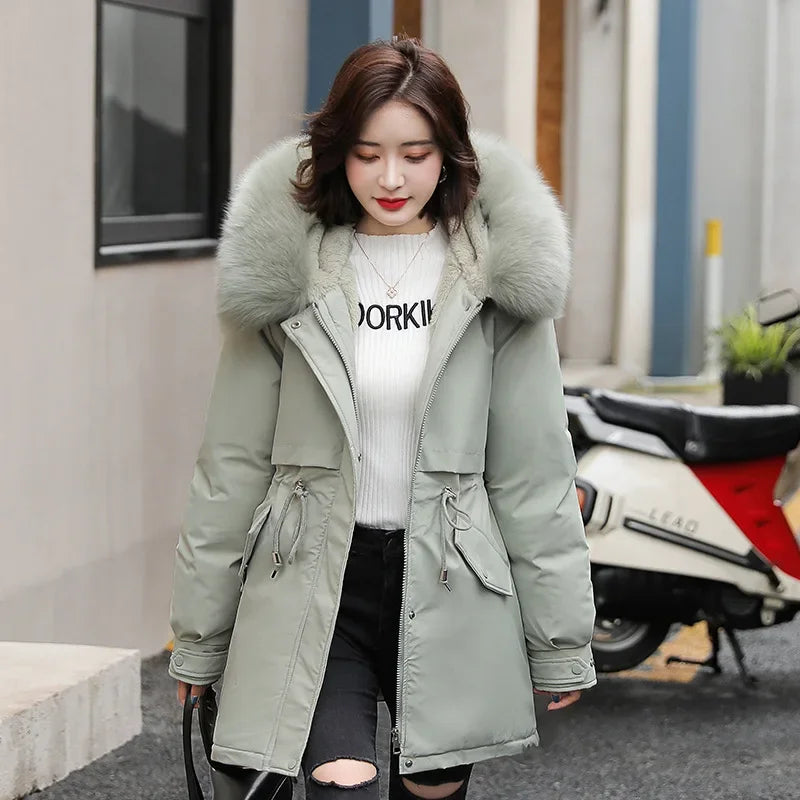 Hooded Long Parka with Wool Liner and Fur Collar Slim and Warm