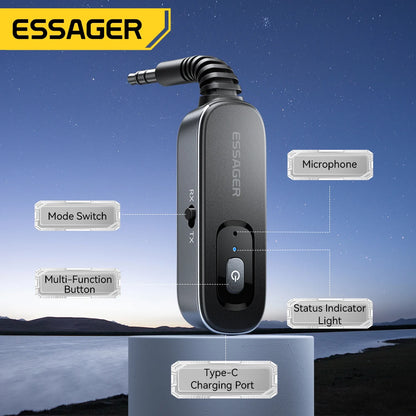 Essager Bluetooth 5.1 Audio Receiver Sändare 3.5MM 3.5 AUX Med Mic Stereo Musik Trådlös Adapter För PC TV Bilhögtalare