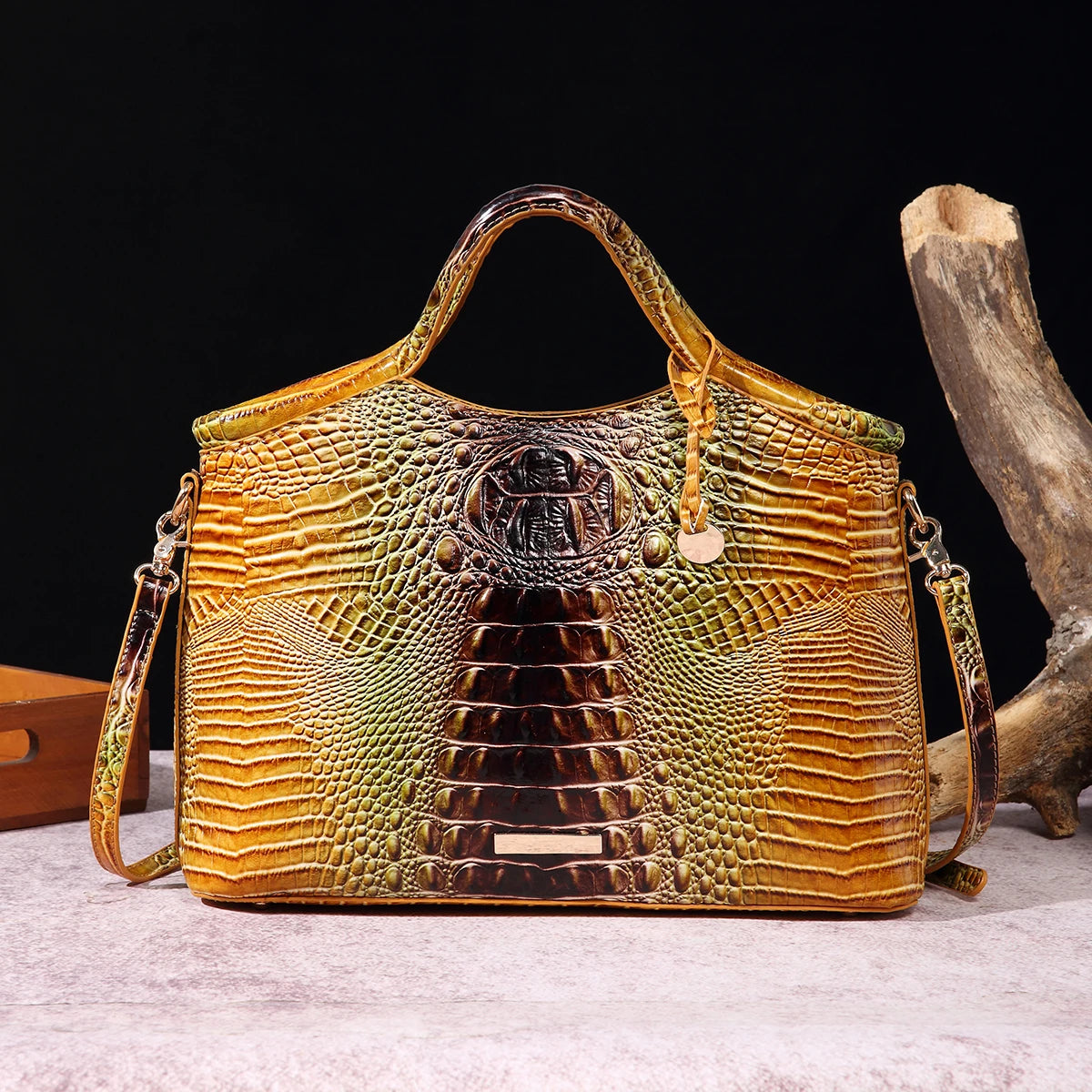 Genuine Leather Handbag – High-End Retro Women's Bag with Crocodile Pattern and Solid Color Design