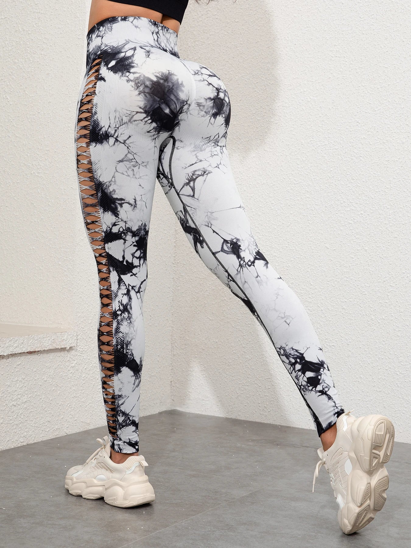 Women's High Waist Tie Dye Seamless Gym Leggings with Hollow Out Design