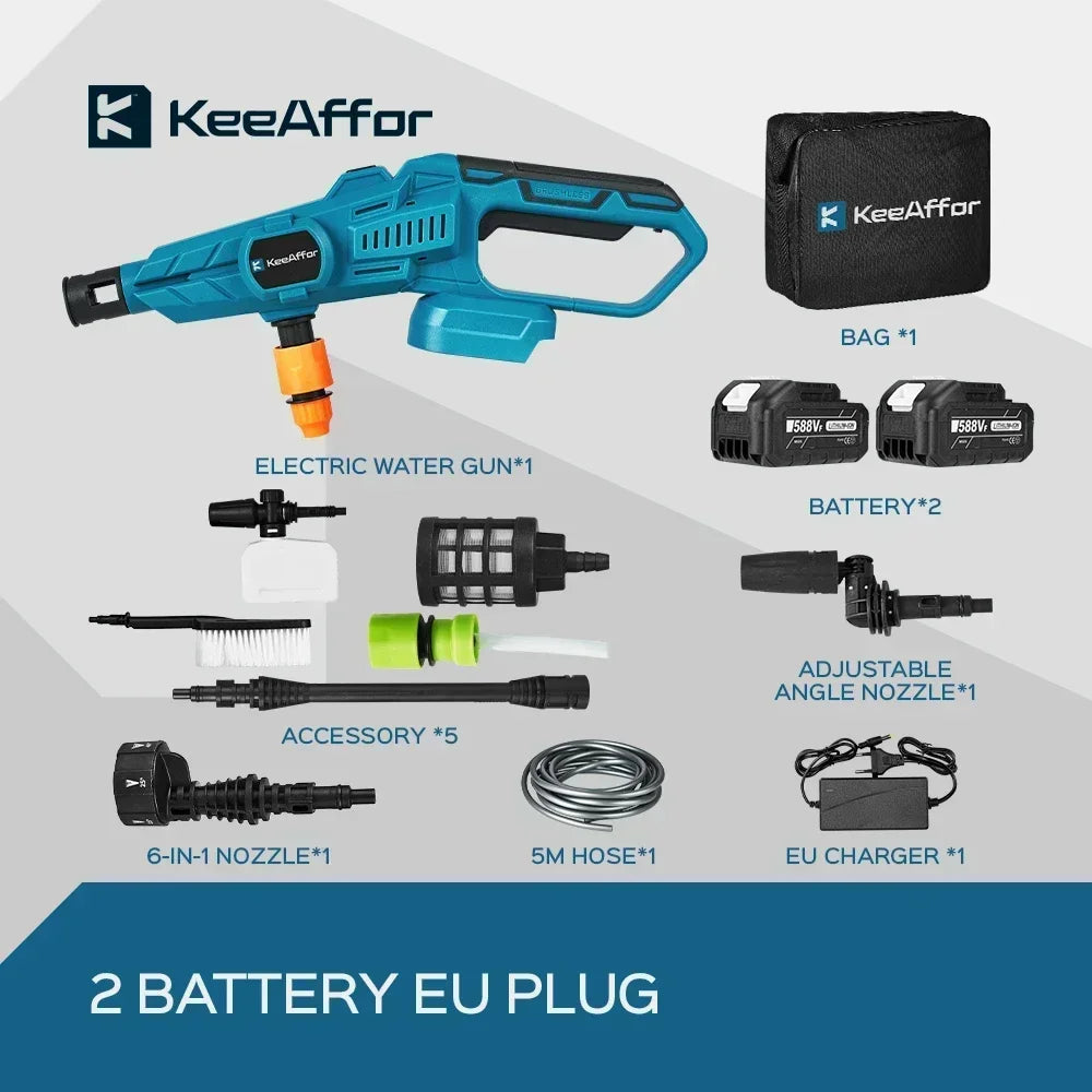 KEEAFFOR 250Bar 3500W borstlös högtrycksvattenpistol 6-i 1 sladdlös uppladdningsbar biltvättpistol för Makita 18V batteri