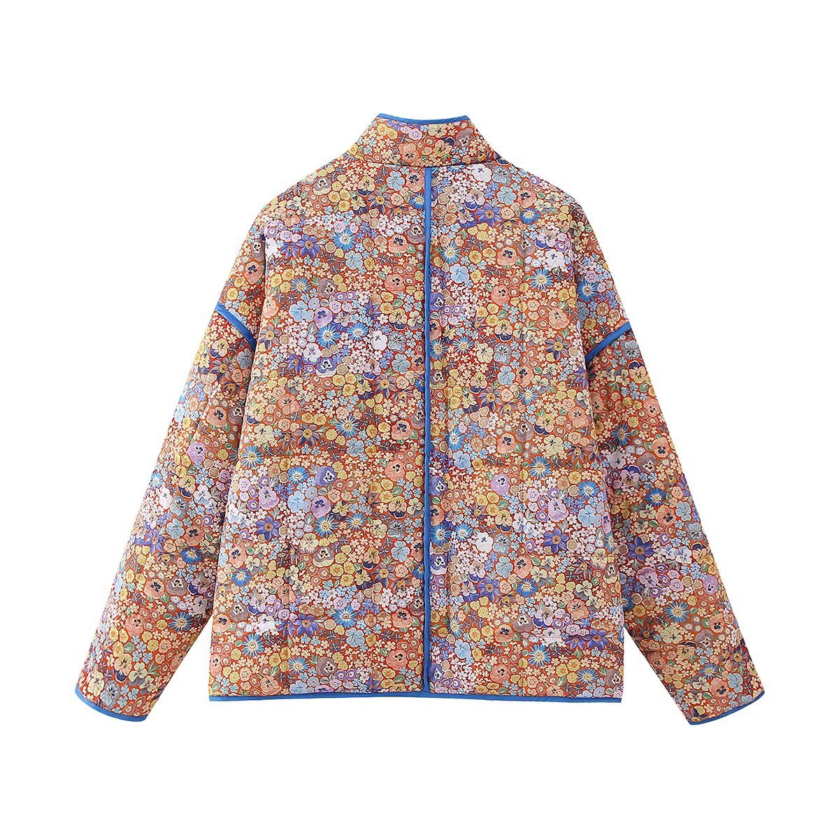 Floral Print Quilted Jacket with Stand Collar and Pockets Chic and Warm