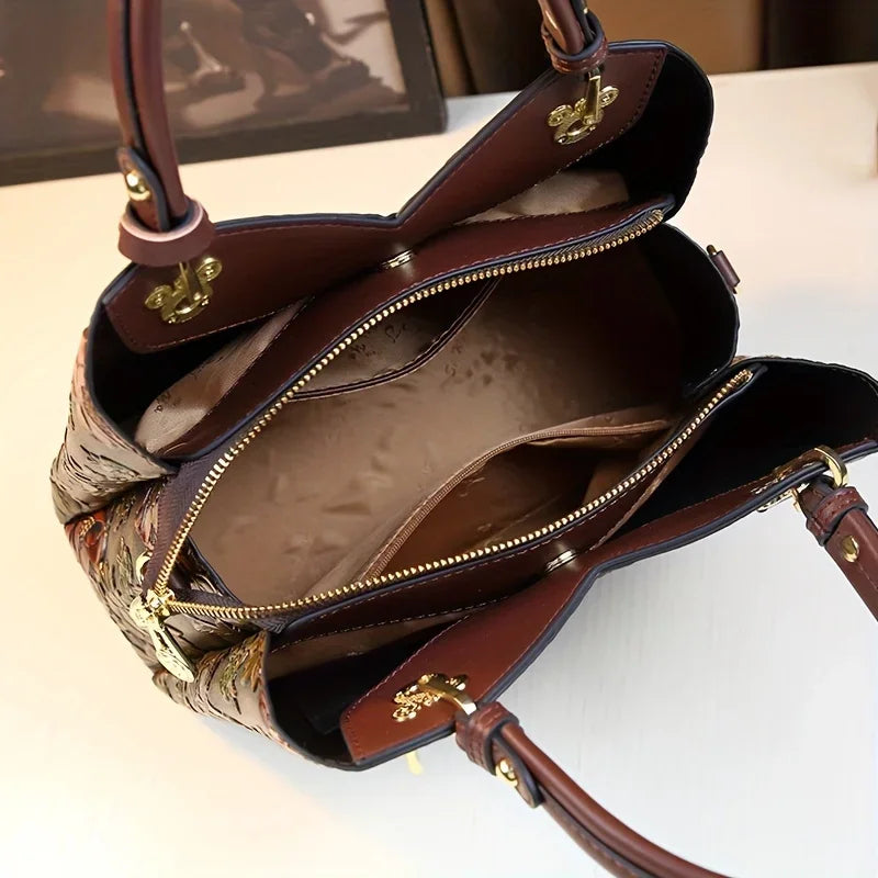 Vintage Flower Pattern Handbag, Luxury PU Leather Tote Bag, Fashion Crossbody Bag For Women