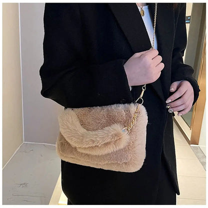 Fashion Women Fluffy Shoulder Bag – Winter Chain Underarm Bag with Soft Plush Handle