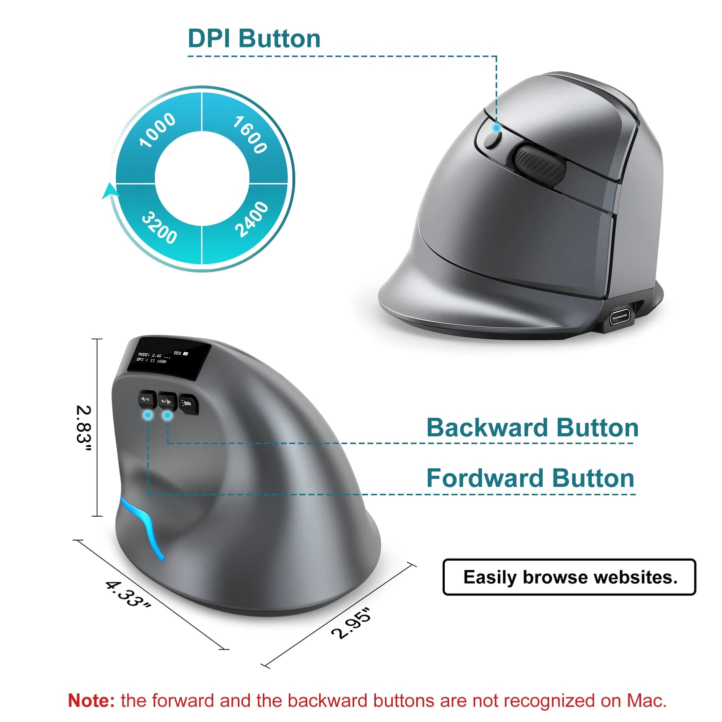 Lef Bluetooth Vertical Mouse Wireless Ergonomic Mice with OLED Screen RGB USB Optical Rechargeable Mouse for PC Laptop Gaming