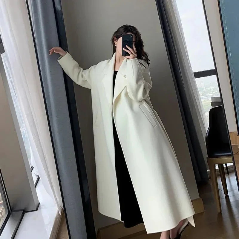 Women's White Midi Wool Blend Coat with Lace Up Design