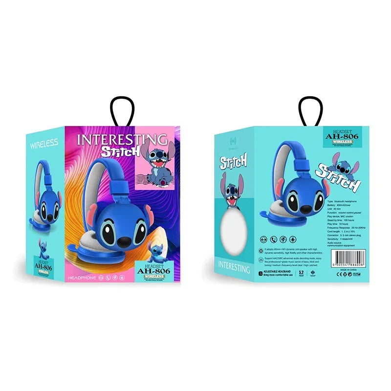 New Disney Stitch Wireless Bluetooth Headphones AH-806 HIFI Stereo Sound Foldable Headsets with Mic Anime Cartoon Children Gift