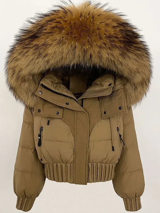 Short Hooded Down Coat with Real Raccoon Fox Fur Collar Warm and Casual