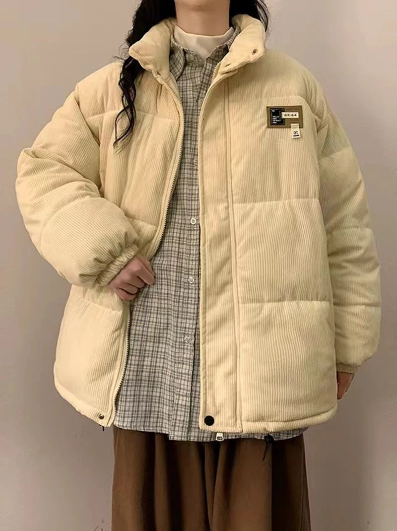 Överdimensionerad Corduroy Puffer Coat med fickor Varm och Retro Y2K Style