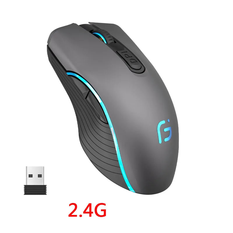 Uppladdningsbar datormus Dual Mode Bluetooth+2,4Ghz trådlös USB-mus 2400DPI Optisk spelmus Gamermöss för PC Laptop