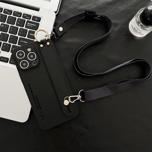 Luxury Litchi Leather Phone Case with Wrist Strap, Stand, and Crossbody Cord for iPhone