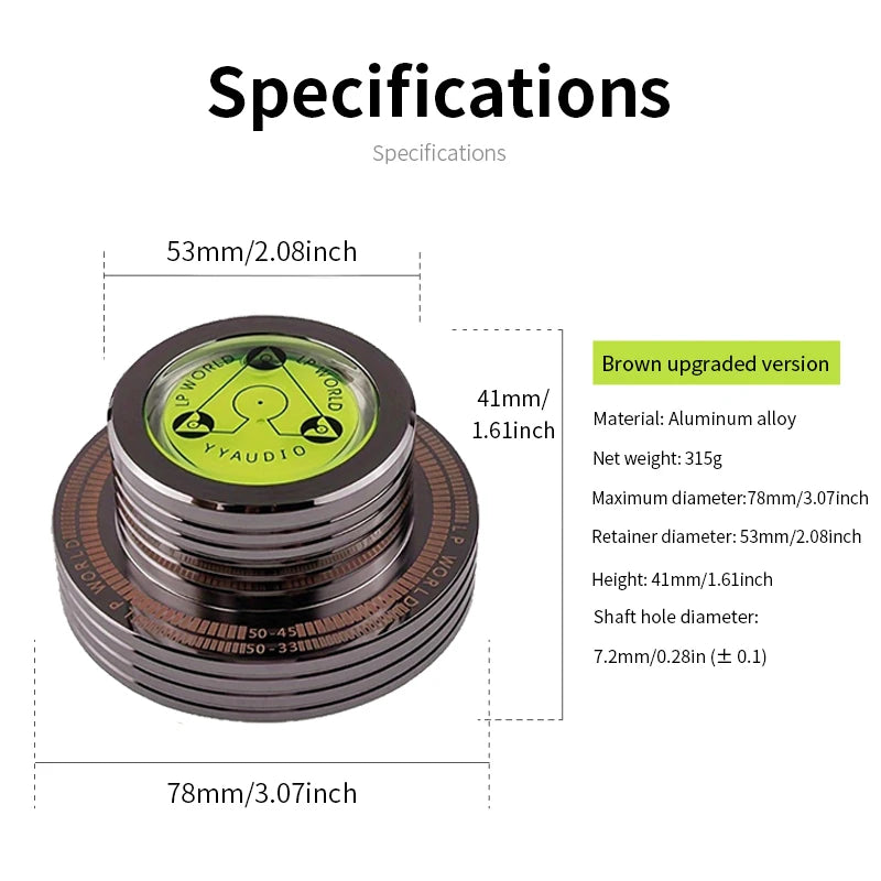 YYAUDIO Universal 60Hz LP Vinyl skivspelare Skivspelare Stabilisator med nivå aluminiumlegering Viktklämma Musikspelare