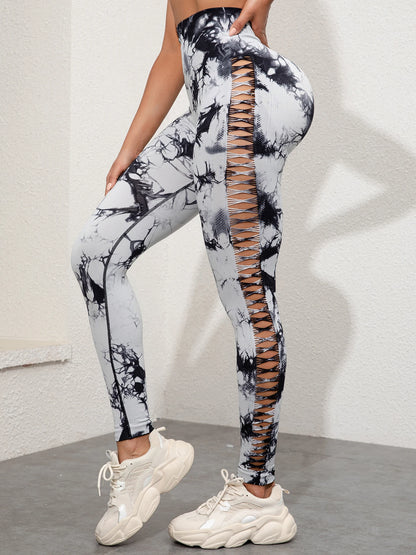 Sömlösa gymleggings för kvinnor med hög midja Tie Dye med Hollow Out-design