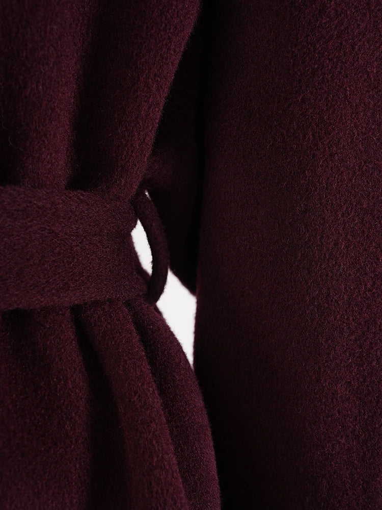 Wine Red Woolen Coat with Fur Cuffs and Belted Design