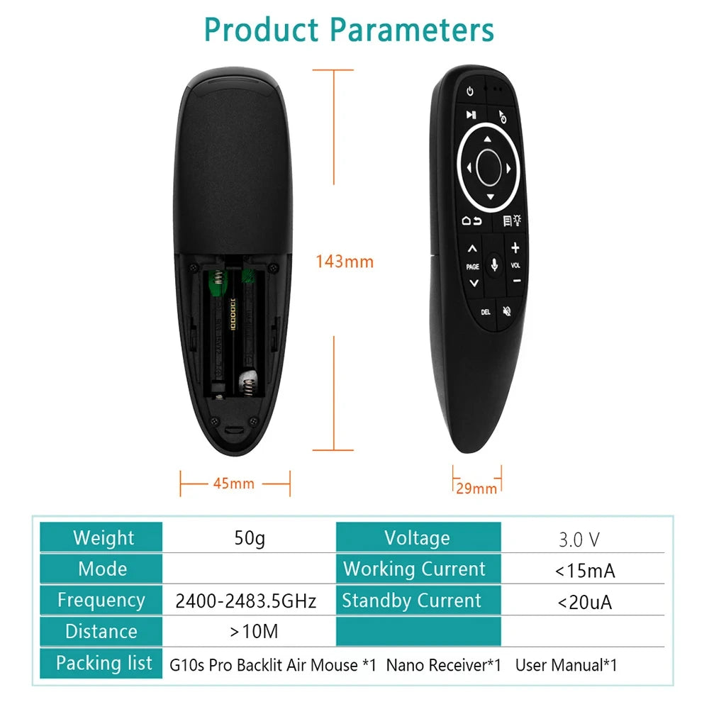 G10S Universal Voice Remote Control 2.4G trådlös bakgrundsbelyst IR-inlärning med Gyroscope Air Mouse Control för Android TV PC