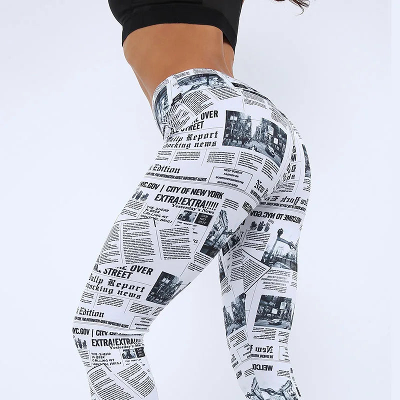 Women's High Waist Seamless Leggings with Newspaper Print