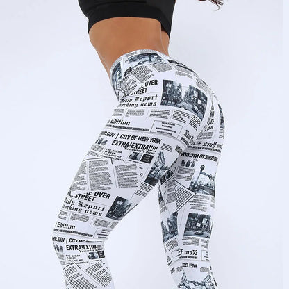 Women's High Waist Seamless Leggings with Newspaper Print